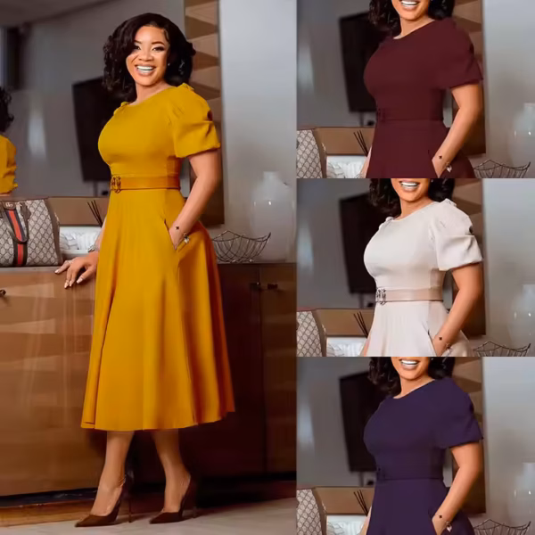 ML35-B1 Puff Sleeve A-line Office Dress with Belt - Image 2