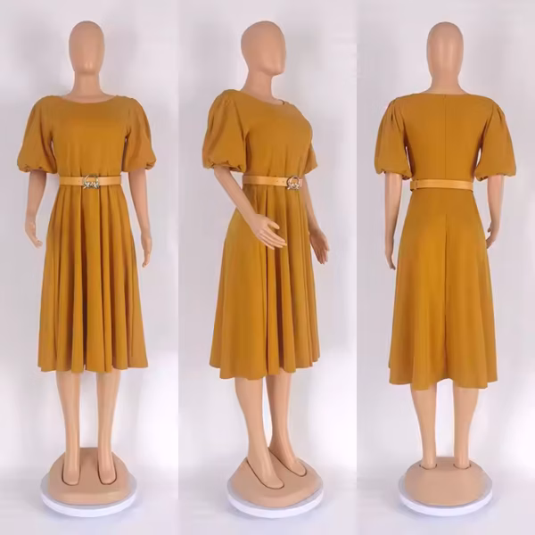 ML35-B1 Puff Sleeve A-line Office Dress with Belt - Image 3