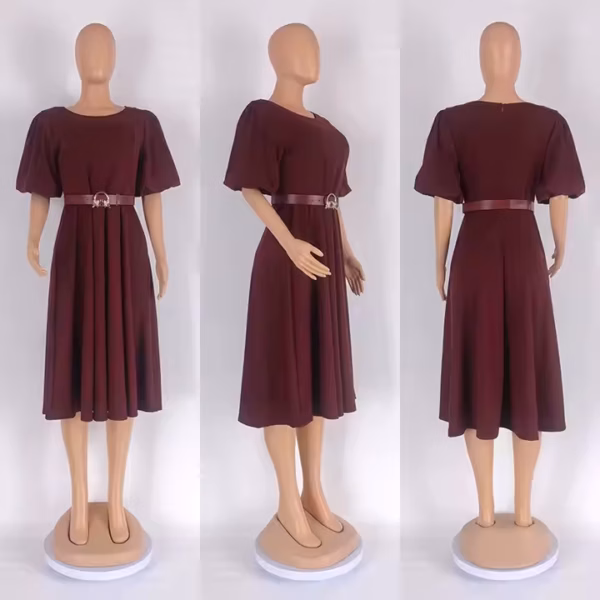 ML35-B1 Puff Sleeve A-line Office Dress with Belt - Image 4