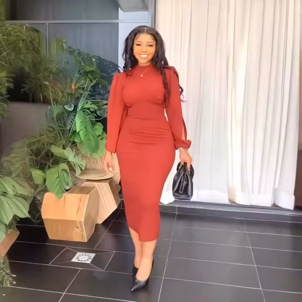 Puff Sleeve Bodycon Midi Dress Solid Color Elegant Office Dresses Women - Image 2