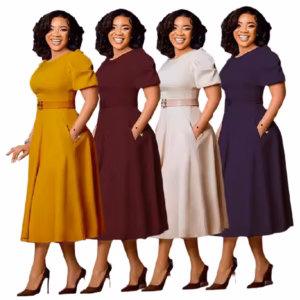 ML35-B1 Puff Sleeve A-line Office Dress with Belt