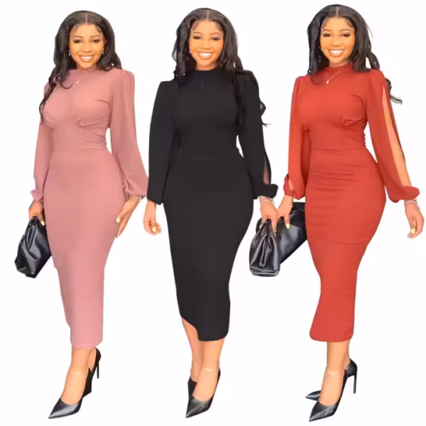 Puff Sleeve Bodycon Midi Dress Solid Color Elegant Office Dresses Women