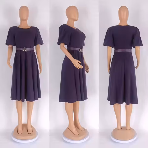 ML35-B1 Puff Sleeve A-line Office Dress with Belt - Image 5