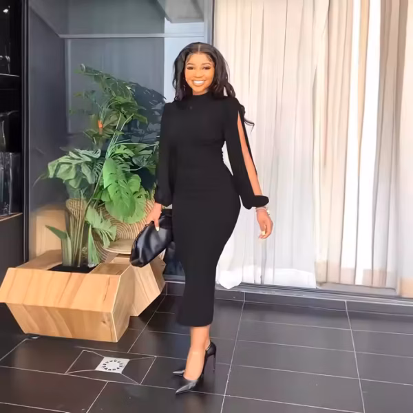 Puff Sleeve Bodycon Midi Dress Solid Color Elegant Office Dresses Women - Image 5